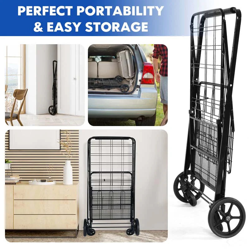 330LBS Foldable Jumbo Shopping Cart w/ 360° Rolling Swivel Wheels & Double Basket, Heavy Duty Folding Utility Cart for Grocery Laundry Luggage