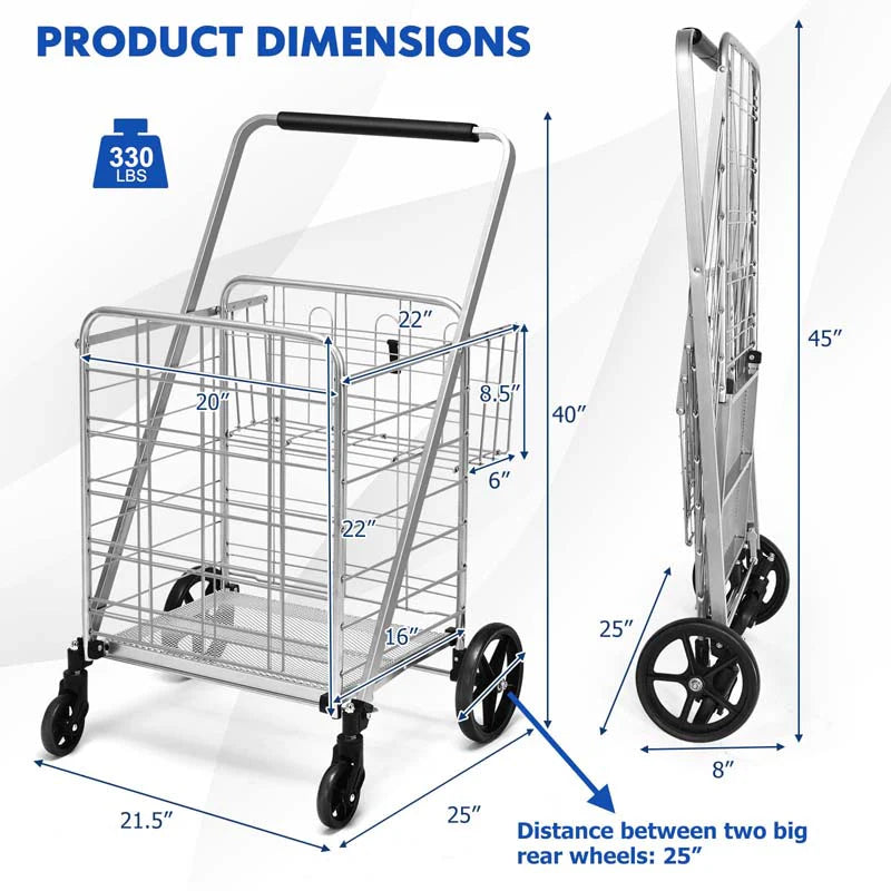 330LBS Foldable Jumbo Shopping Cart w/ 360° Rolling Swivel Wheels & Double Basket, Heavy Duty Folding Utility Cart for Grocery Laundry Luggage