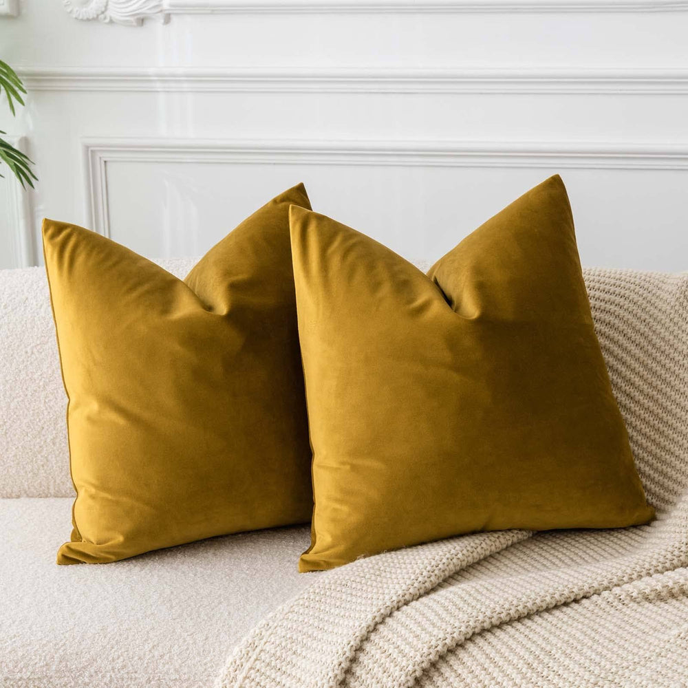 JUSPURBET Mustard Yellow Velvet Throw Pillow Covers 18x18 inch Set of 2 for Living Room Couch Sofa Bedroom Decorative Square Solid Soft Cushion Cases
