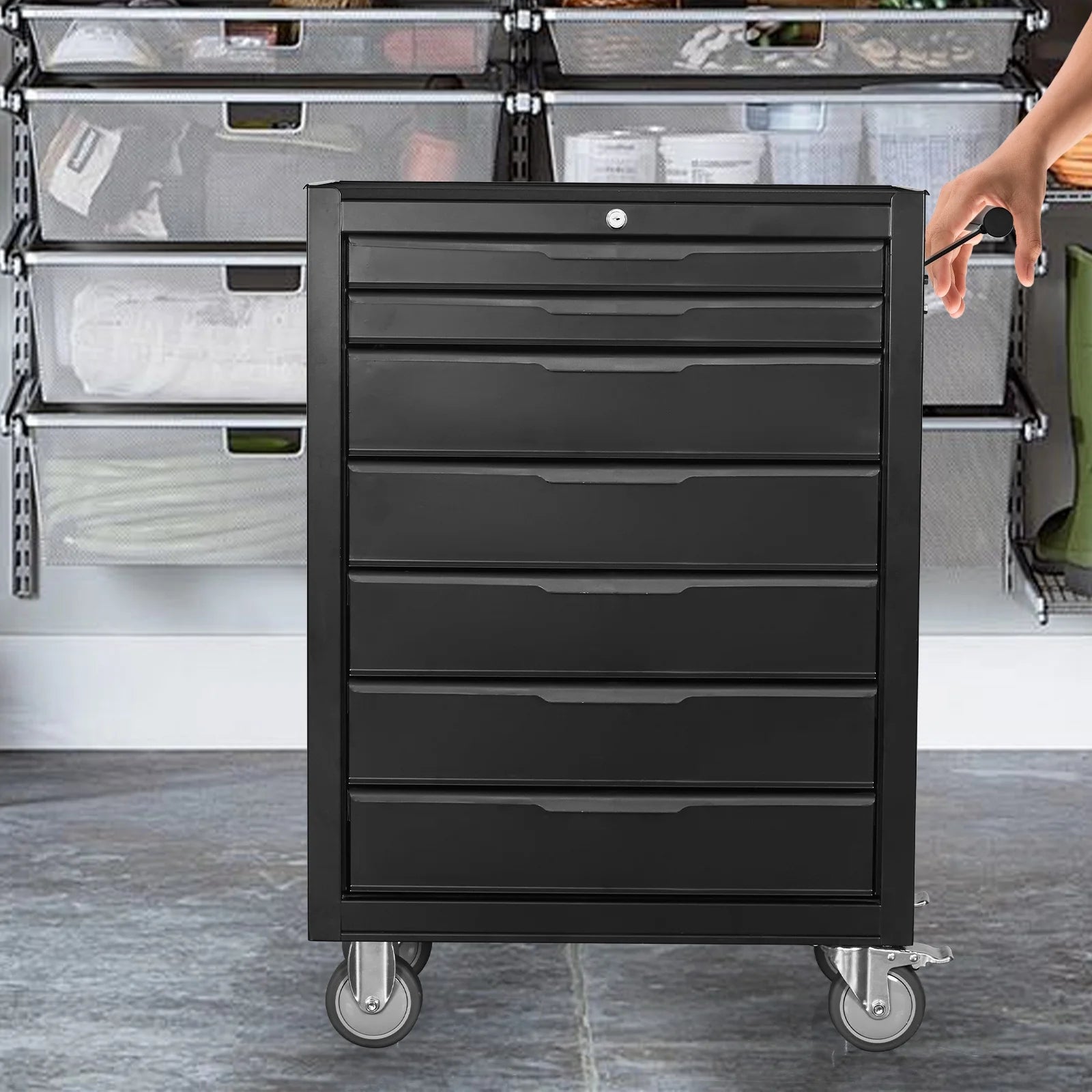 7 - Drawer Rolling Tool Chest Cabinet, Large Capacity Metal Tool Box with Wheels and Cylinder Locking, Roll Around Storage Organizer Tool Cart for Garage, Warehouse, Work Shop - Black