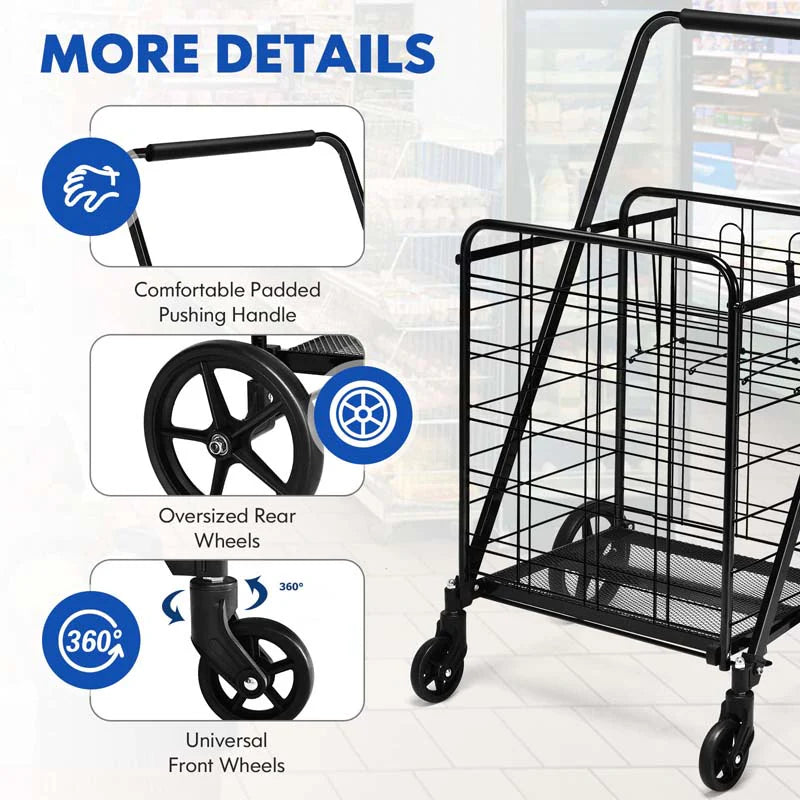330LBS Foldable Jumbo Shopping Cart w/ 360° Rolling Swivel Wheels & Double Basket, Heavy Duty Folding Utility Cart for Grocery Laundry Luggage
