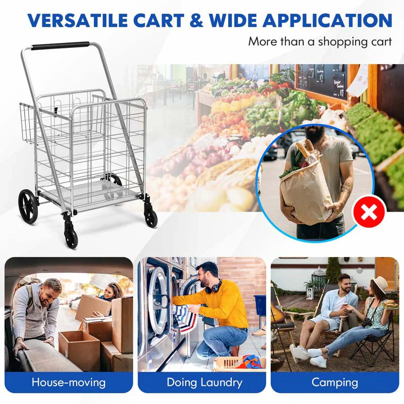 330LBS Foldable Jumbo Shopping Cart w/ 360° Rolling Swivel Wheels & Double Basket, Heavy Duty Folding Utility Cart for Grocery Laundry Luggage