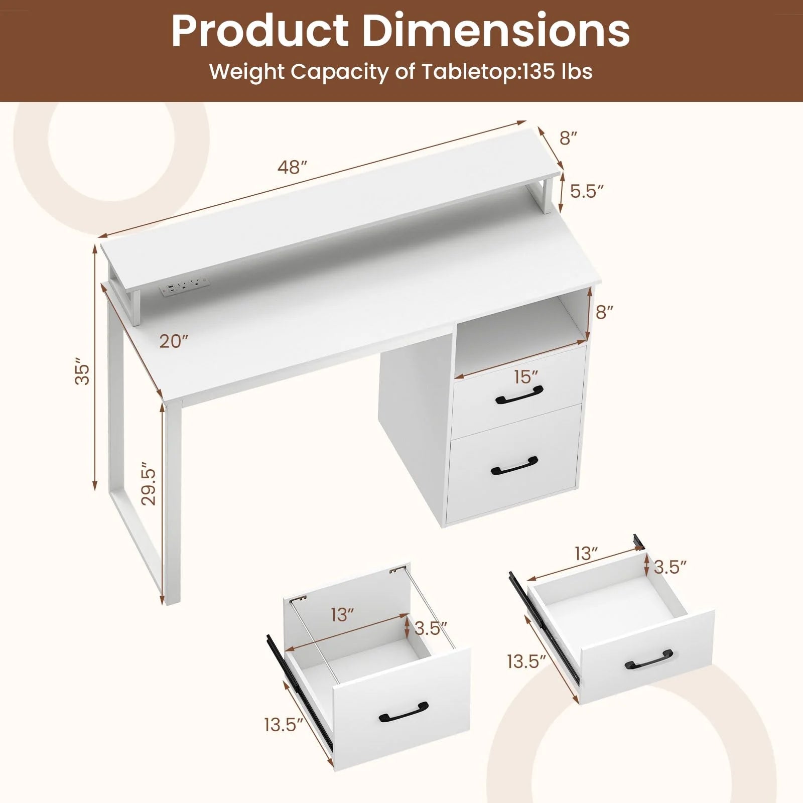 Tangkula 48" Computer Desk with 2 Storage Drawers & Power Outlets