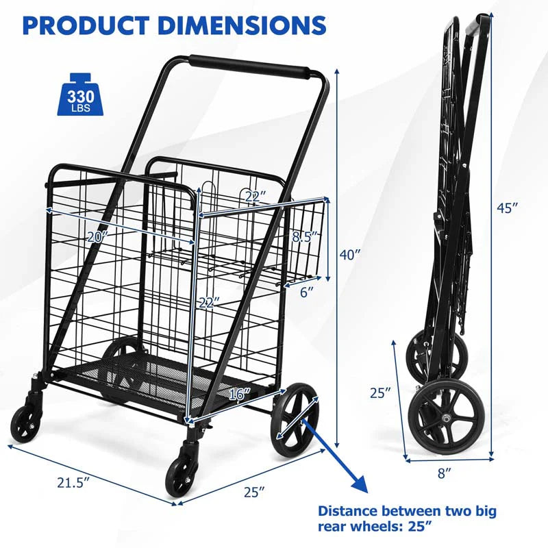 330LBS Foldable Jumbo Shopping Cart w/ 360° Rolling Swivel Wheels & Double Basket, Heavy Duty Folding Utility Cart for Grocery Laundry Luggage