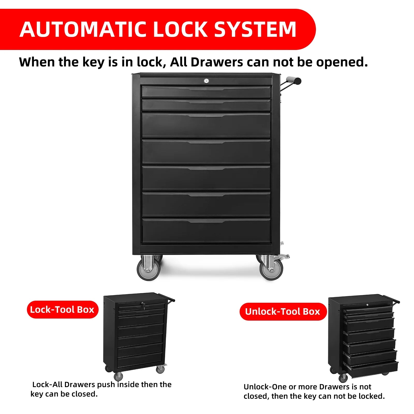 7 - Drawer Rolling Tool Chest Cabinet, Large Capacity Metal Tool Box with Wheels and Cylinder Locking, Roll Around Storage Organizer Tool Cart for Garage, Warehouse, Work Shop - Black