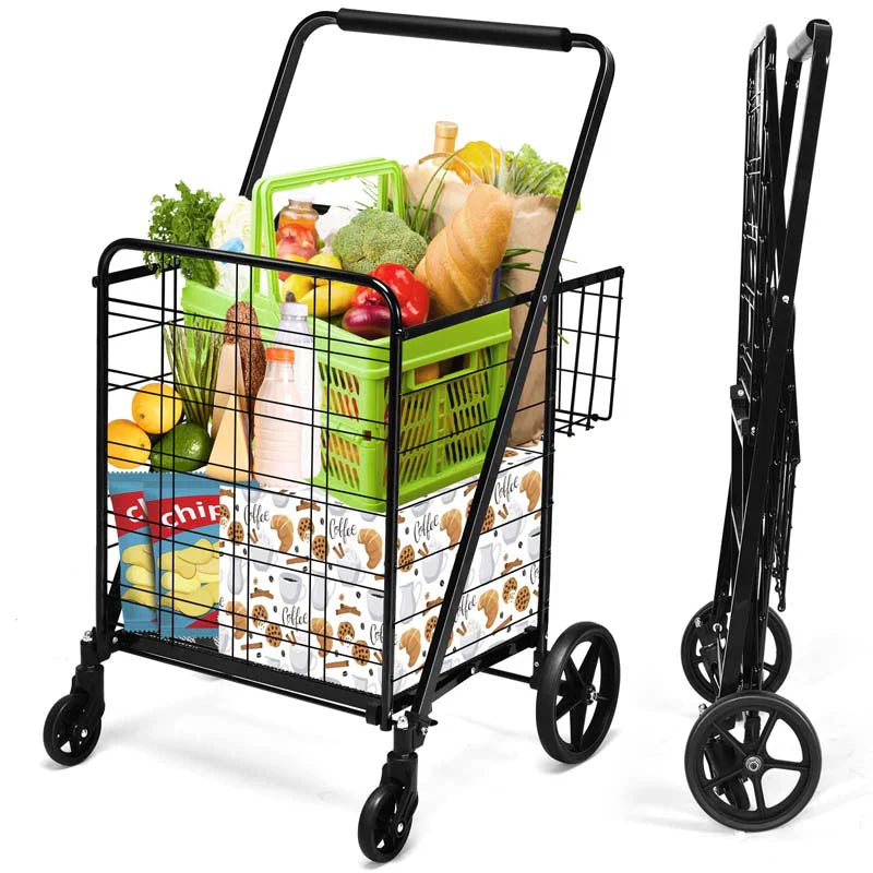 330LBS Foldable Jumbo Shopping Cart w/ 360° Rolling Swivel Wheels & Double Basket, Heavy Duty Folding Utility Cart for Grocery Laundry Luggage