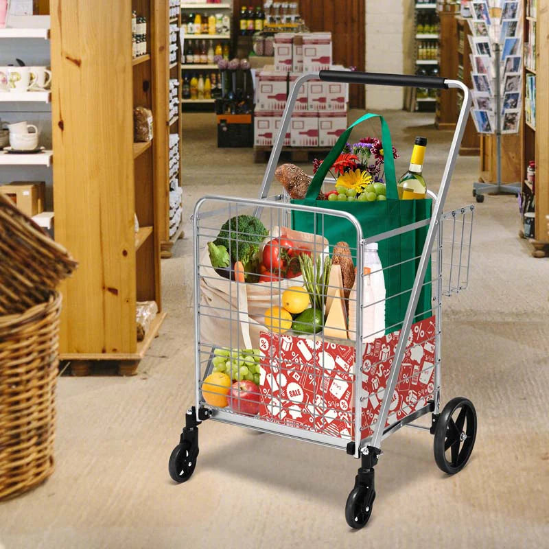 330LBS Foldable Jumbo Shopping Cart w/ 360° Rolling Swivel Wheels & Double Basket, Heavy Duty Folding Utility Cart for Grocery Laundry Luggage