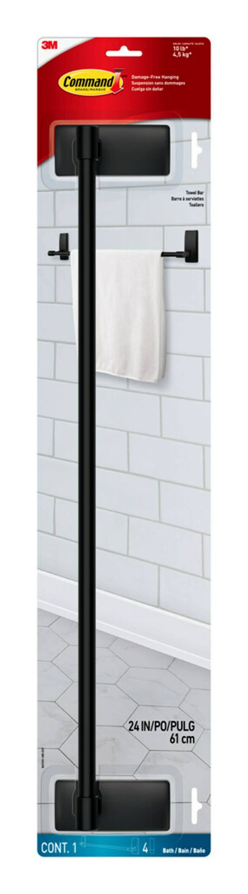 Command Bath Matte Black Towel Bar, 2 Large Strips
