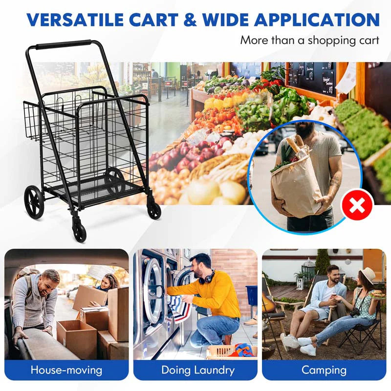 330LBS Foldable Jumbo Shopping Cart w/ 360° Rolling Swivel Wheels & Double Basket, Heavy Duty Folding Utility Cart for Grocery Laundry Luggage
