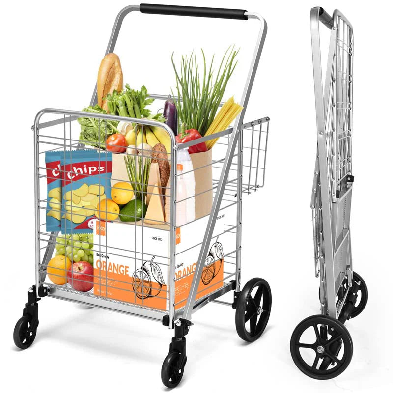 330LBS Foldable Jumbo Shopping Cart w/ 360° Rolling Swivel Wheels & Double Basket, Heavy Duty Folding Utility Cart for Grocery Laundry Luggage