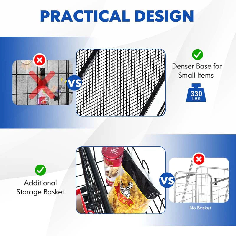 330LBS Foldable Jumbo Shopping Cart w/ 360° Rolling Swivel Wheels & Double Basket, Heavy Duty Folding Utility Cart for Grocery Laundry Luggage