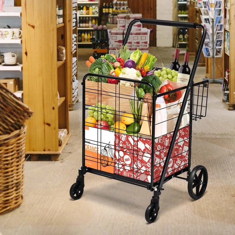 330LBS Foldable Jumbo Shopping Cart w/ 360° Rolling Swivel Wheels & Double Basket, Heavy Duty Folding Utility Cart for Grocery Laundry Luggage