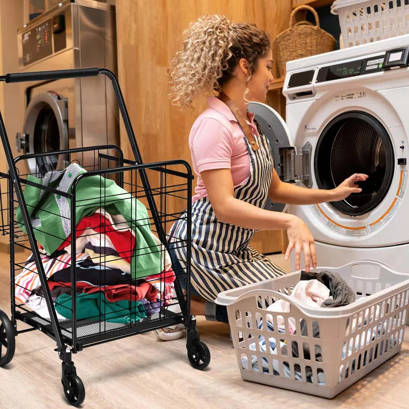 330LBS Foldable Jumbo Shopping Cart w/ 360° Rolling Swivel Wheels & Double Basket, Heavy Duty Folding Utility Cart for Grocery Laundry Luggage