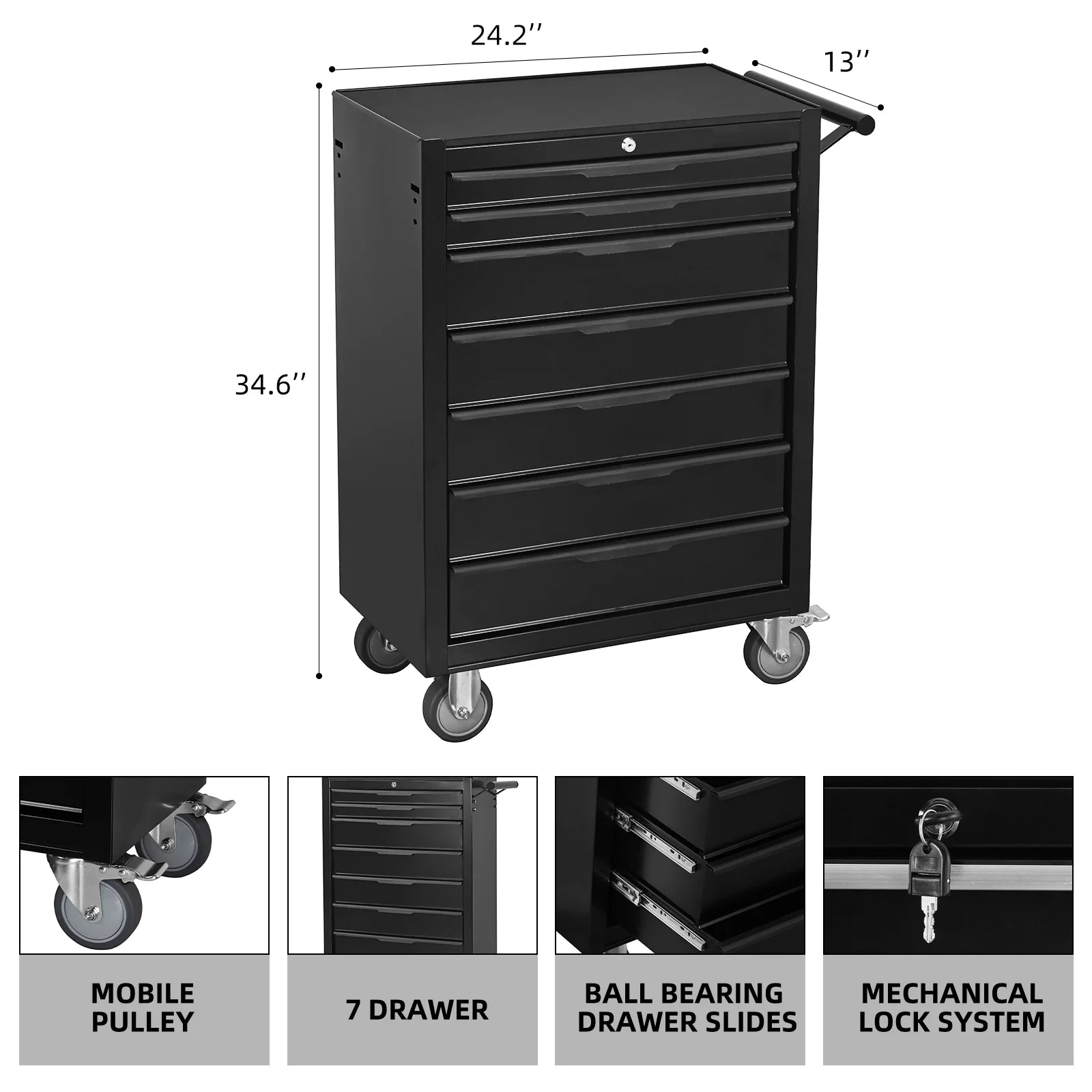 7 - Drawer Rolling Tool Chest Cabinet, Large Capacity Metal Tool Box with Wheels and Cylinder Locking, Roll Around Storage Organizer Tool Cart for Garage, Warehouse, Work Shop - Black