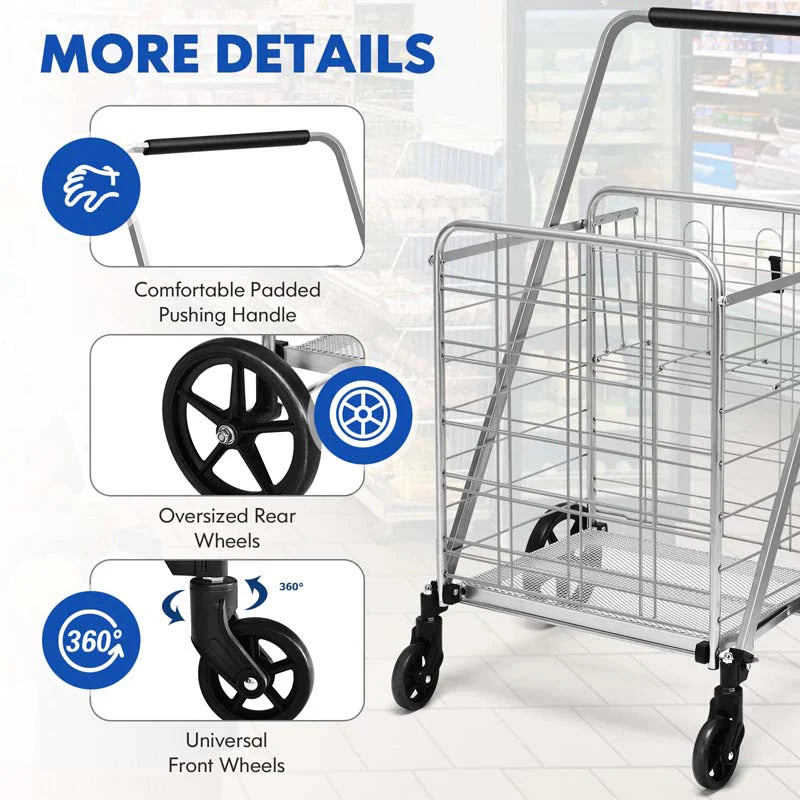 330LBS Foldable Jumbo Shopping Cart w/ 360° Rolling Swivel Wheels & Double Basket, Heavy Duty Folding Utility Cart for Grocery Laundry Luggage