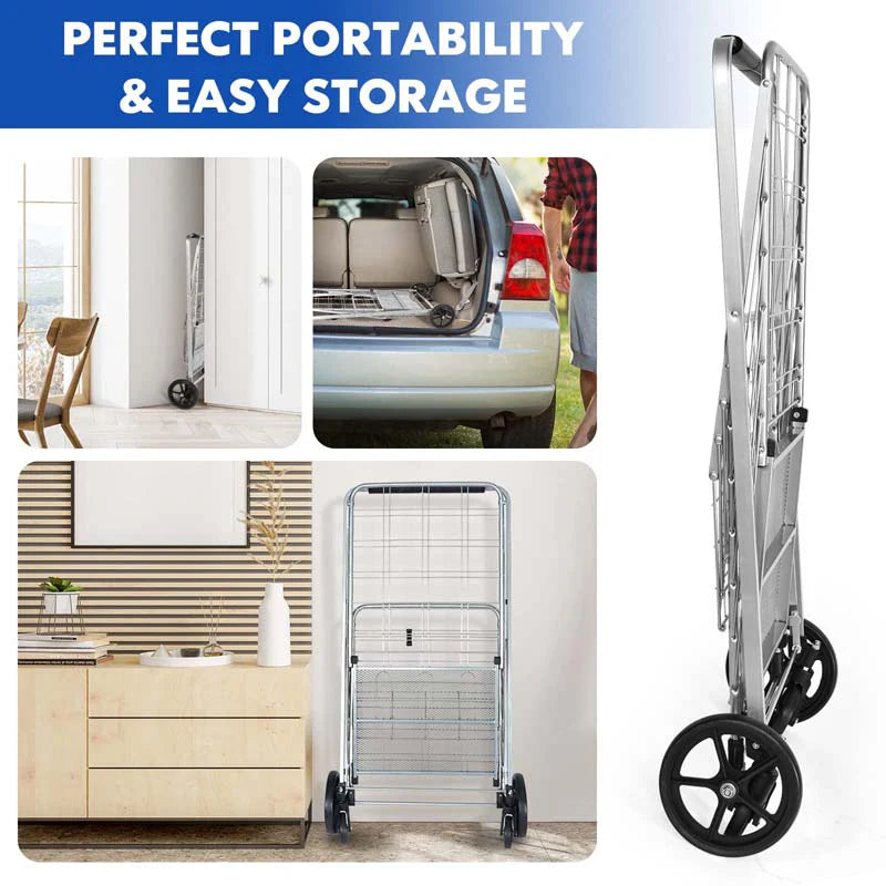 330LBS Foldable Jumbo Shopping Cart w/ 360° Rolling Swivel Wheels & Double Basket, Heavy Duty Folding Utility Cart for Grocery Laundry Luggage